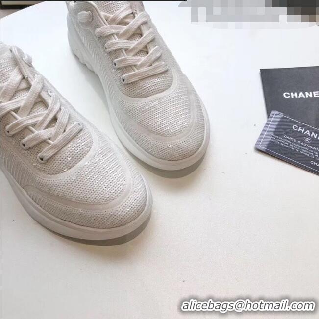 Inexpensive Chanel CC Logo Sequins & Leather Sneakers G35936 White 2020