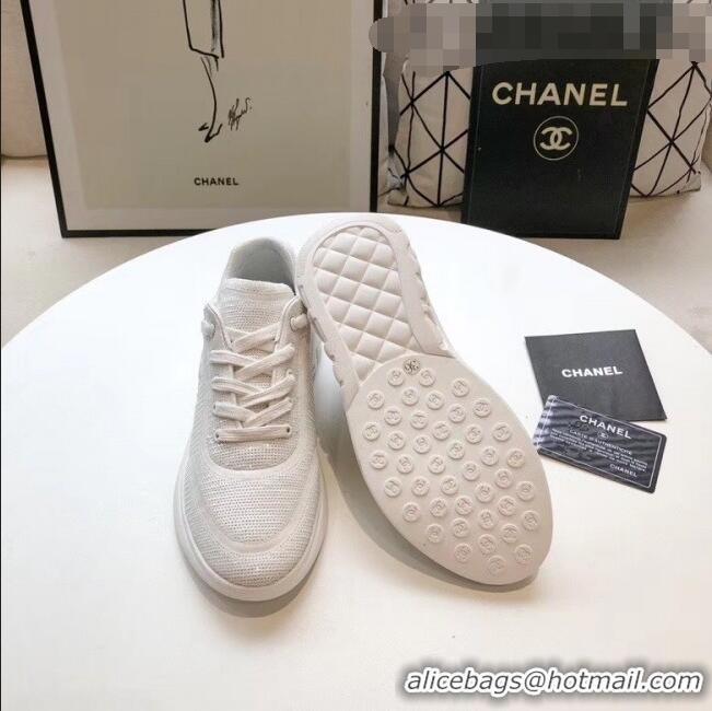 Inexpensive Chanel CC Logo Sequins & Leather Sneakers G35936 White 2020