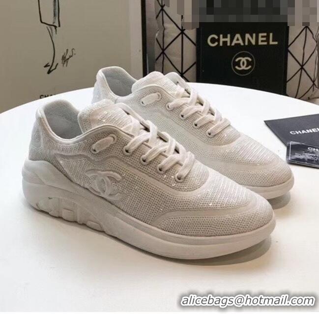 Inexpensive Chanel CC Logo Sequins & Leather Sneakers G35936 White 2020