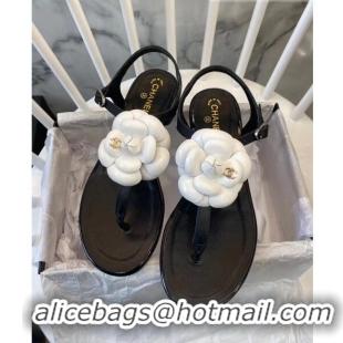 Imitation Chanel Lambskin Classic Camellia Thong Sandals BV2301 Black/White 2020