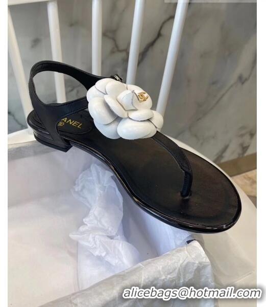 Imitation Chanel Lambskin Classic Camellia Thong Sandals BV2301 Black/White 2020