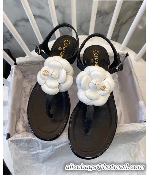 Imitation Chanel Lambskin Classic Camellia Thong Sandals BV2301 Black/White 2020