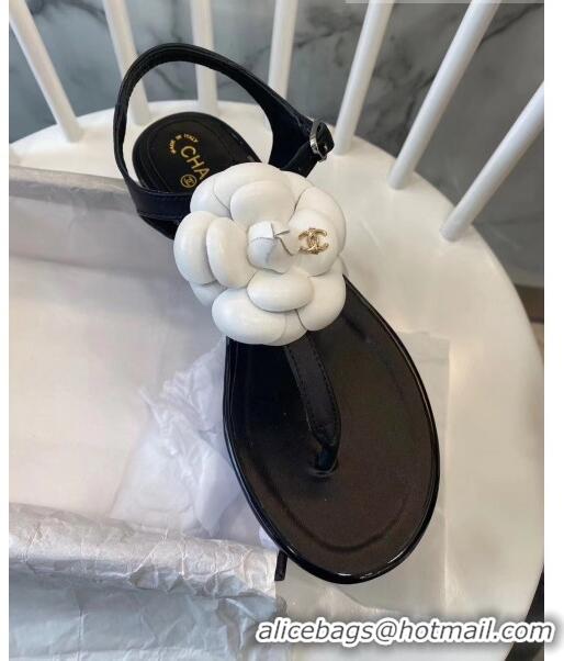 Imitation Chanel Lambskin Classic Camellia Thong Sandals BV2301 Black/White 2020