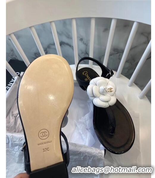 Imitation Chanel Lambskin Classic Camellia Thong Sandals BV2301 Black/White 2020