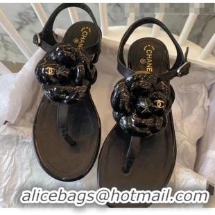 Low Price Chanel Lambskin Classic Camellia Thong Sandals BV2301 Black 2020