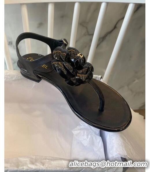 Low Price Chanel Lambskin Classic Camellia Thong Sandals BV2301 Black 2020