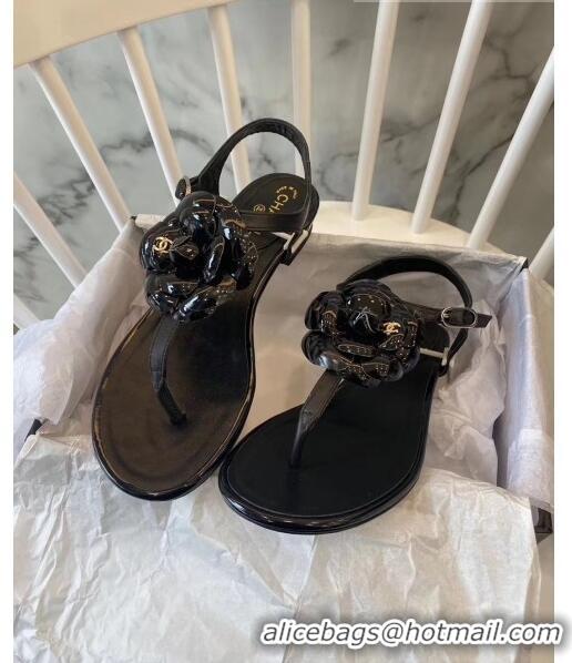 Low Price Chanel Lambskin Classic Camellia Thong Sandals BV2301 Black 2020