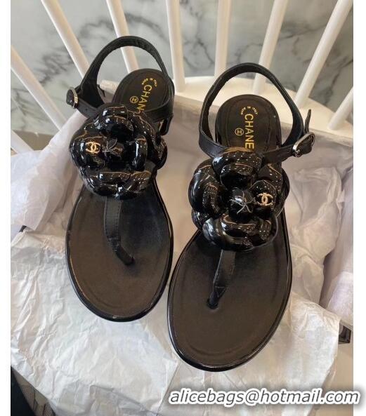 Low Price Chanel Lambskin Classic Camellia Thong Sandals BV2301 Black 2020