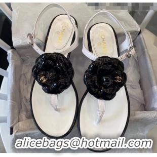 Imitation Chanel Lambskin Classic Camellia Thong Sandals BV2301 White/Black 2020