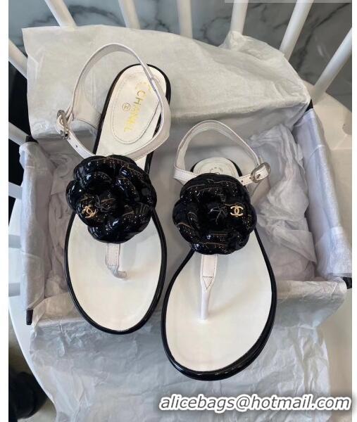 Imitation Chanel Lambskin Classic Camellia Thong Sandals BV2301 White/Black 2020