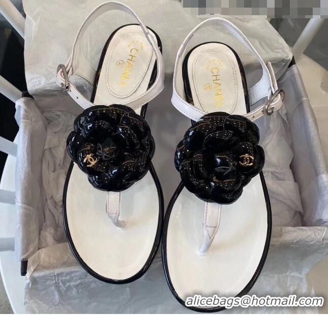 Imitation Chanel Lambskin Classic Camellia Thong Sandals BV2301 White/Black 2020