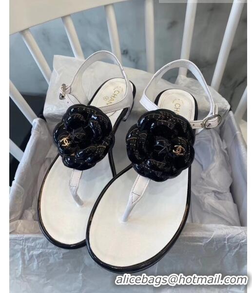 Imitation Chanel Lambskin Classic Camellia Thong Sandals BV2301 White/Black 2020