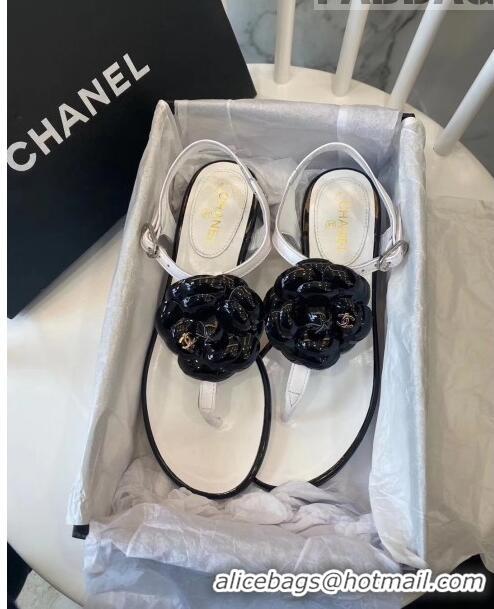 Imitation Chanel Lambskin Classic Camellia Thong Sandals BV2301 White/Black 2020