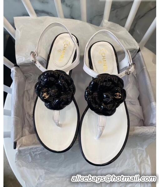 Imitation Chanel Lambskin Classic Camellia Thong Sandals BV2301 White/Black 2020