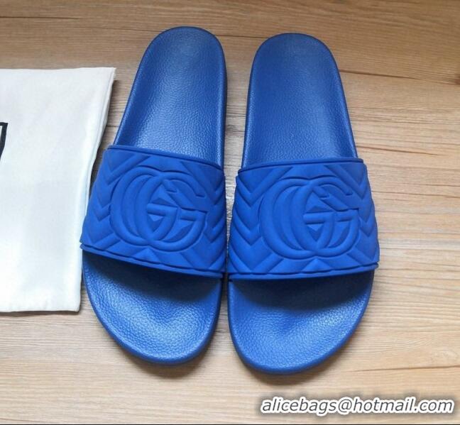 Imitation Gucci Matelassé Rubber Flat Slide Sandals 602067 Blue 2020 (For Women and Men)