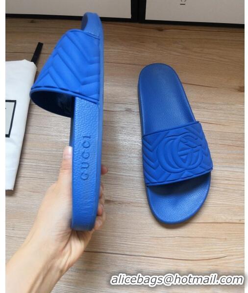 Imitation Gucci Matelassé Rubber Flat Slide Sandals 602067 Blue 2020 (For Women and Men)