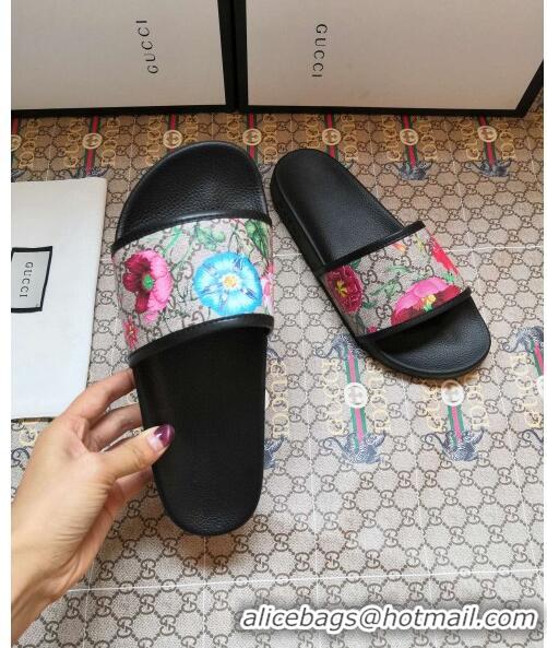 New Design Gucci GG Flora Flat Slide Sandals 602096 Black 2020 (For Women and Men)