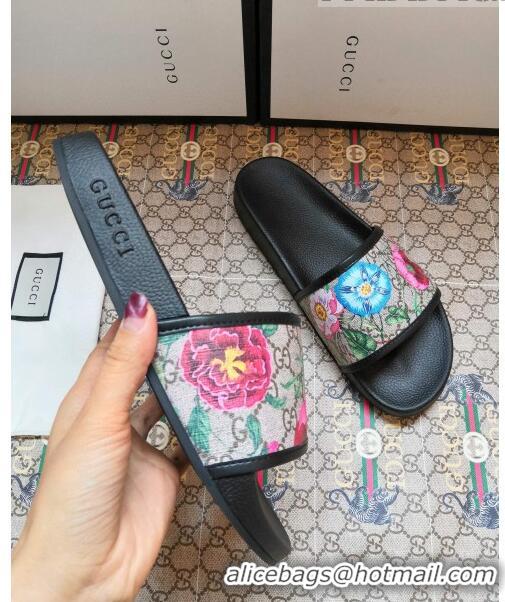 New Design Gucci GG Flora Flat Slide Sandals 602096 Black 2020 (For Women and Men)