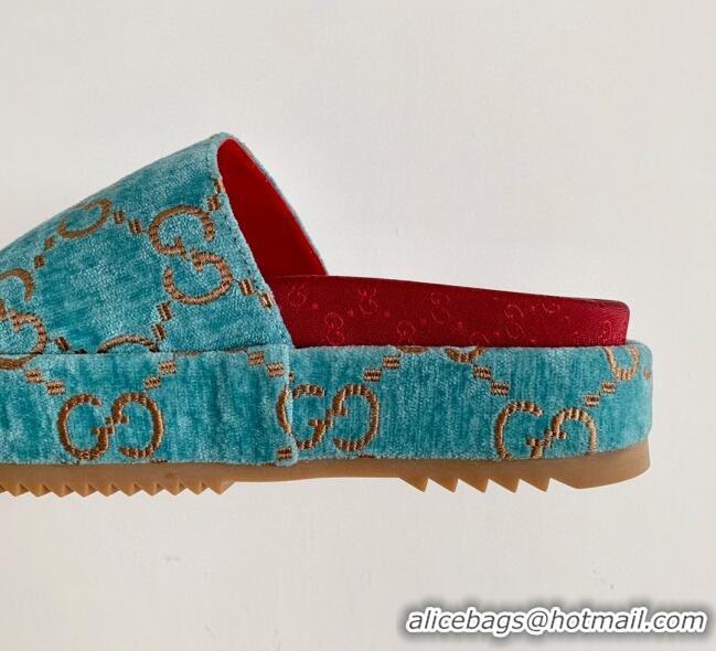 Low Cost Gucci Velvet GG Platform Slide Sandal 573018 Light Blue