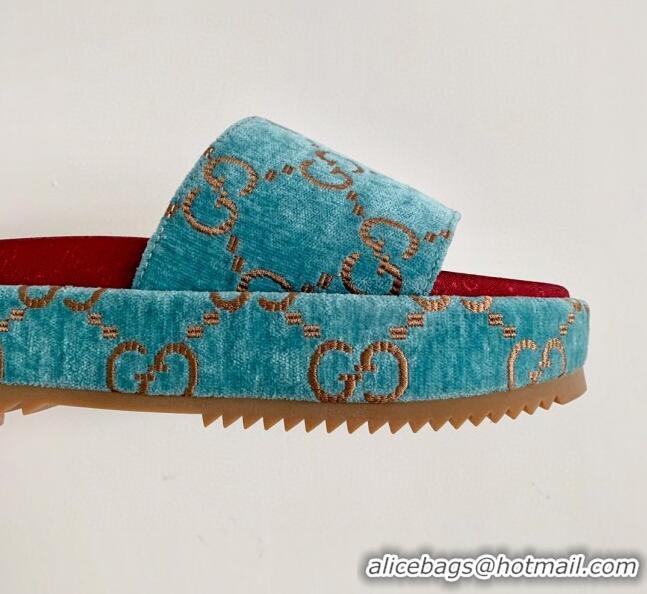 Low Cost Gucci Velvet GG Platform Slide Sandal 573018 Light Blue