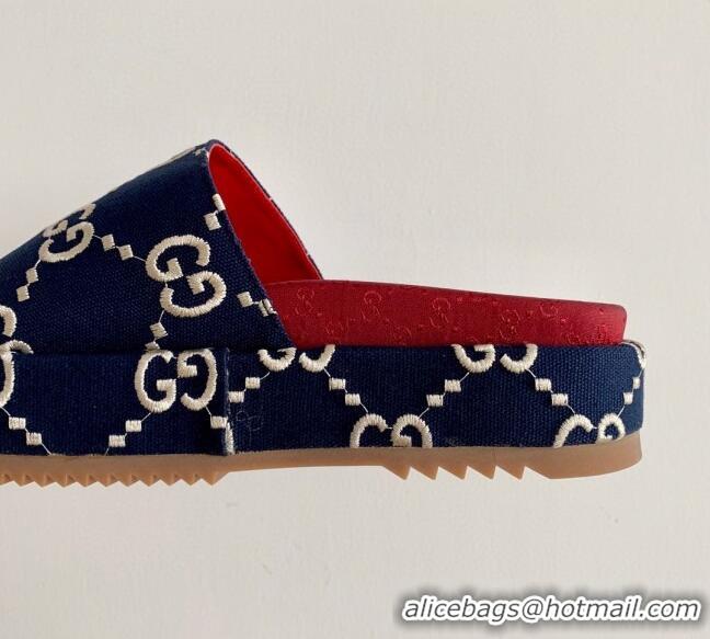 New Style Cheap Gucci GG Canvas Platform Slide Sandal 573018 Navy Blue