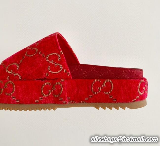 Latest Style Gucci Velvet GG Platform Slide Sandal 573018 Red