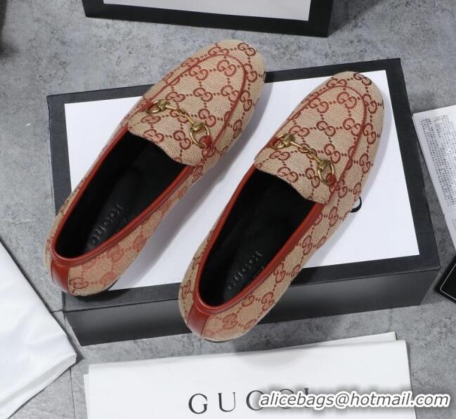 Classic Gucci Jordaan Horsebit GG Canvas Flat Loafers GG3013 Beige/Brick Red 2020