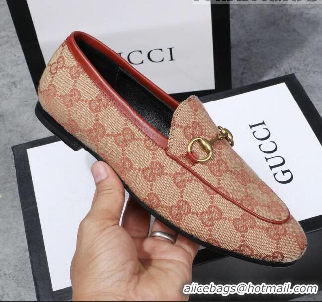 Classic Gucci Jordaan Horsebit GG Canvas Flat Loafers GG3013 Beige/Brick Red 2020