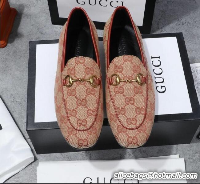 Classic Gucci Jordaan Horsebit GG Canvas Flat Loafers GG3013 Beige/Brick Red 2020