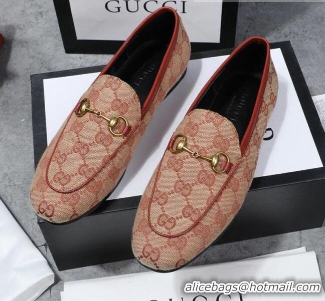 Classic Gucci Jordaan Horsebit GG Canvas Flat Loafers GG3013 Beige/Brick Red 2020