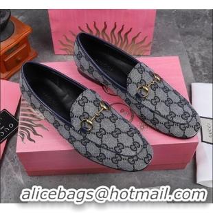 Cheapest Gucci Jordaan Horsebit GG Canvas Flat Loafers GG3013 Grey/Navy Blue 2020