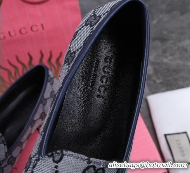 Cheapest Gucci Jordaan Horsebit GG Canvas Flat Loafers GG3013 Grey/Navy Blue 2020