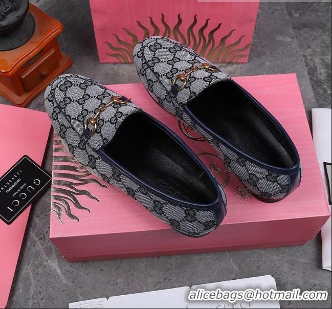 Cheapest Gucci Jordaan Horsebit GG Canvas Flat Loafers GG3013 Grey/Navy Blue 2020