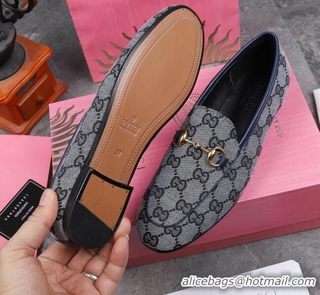 Cheapest Gucci Jordaan Horsebit GG Canvas Flat Loafers GG3013 Grey/Navy Blue 2020