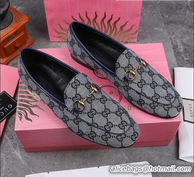 Cheapest Gucci Jordaan Horsebit GG Canvas Flat Loafers GG3013 Grey/Navy Blue 2020