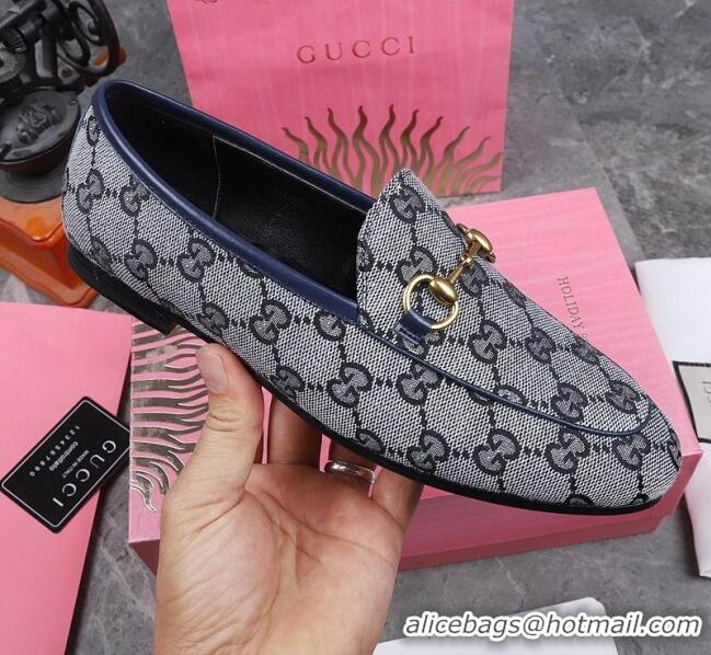 Cheapest Gucci Jordaan Horsebit GG Canvas Flat Loafers GG3013 Grey/Navy Blue 2020