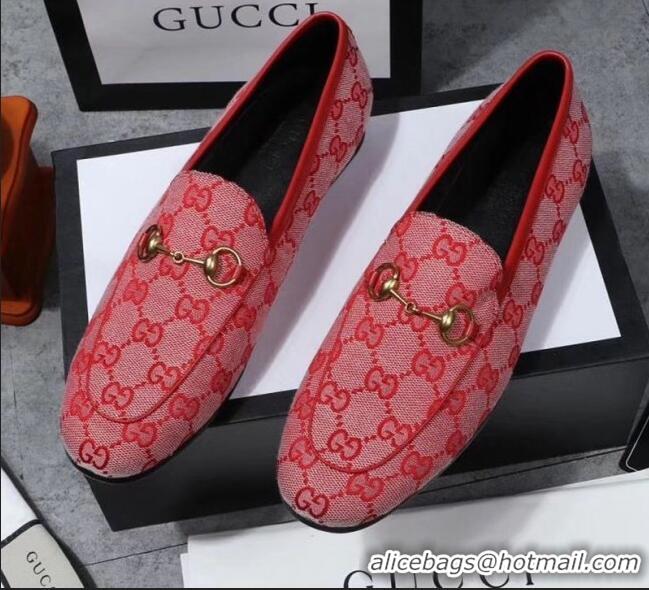 Best Quality Gucci Jordaan Horsebit GG Canvas Flat Loafers GG3013 Bright Red 2020