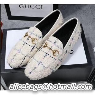 Top Quality Gucci Jordaan Horsebit Tweed Flat Loafers GG3017 White 2020