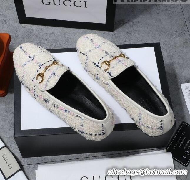 Top Quality Gucci Jordaan Horsebit Tweed Flat Loafers GG3017 White 2020