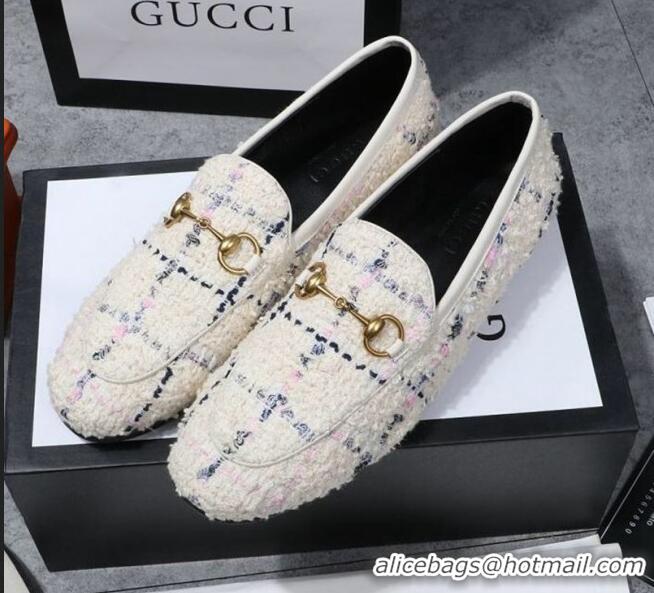 Top Quality Gucci Jordaan Horsebit Tweed Flat Loafers GG3017 White 2020