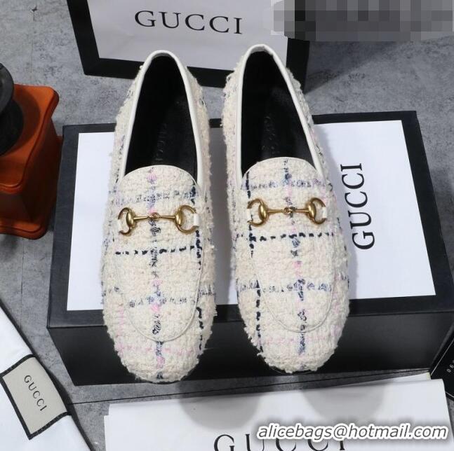 Top Quality Gucci Jordaan Horsebit Tweed Flat Loafers GG3017 White 2020