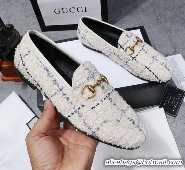 Top Quality Gucci Jordaan Horsebit Tweed Flat Loafers GG3017 White 2020