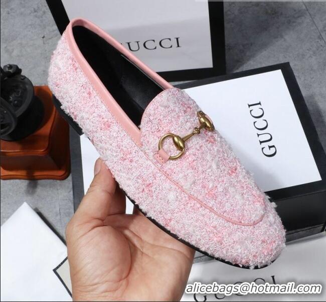 Luxury Classic Gucci Jordaan Horsebit Tweed Flat Loafers GG3017 Pink 2020