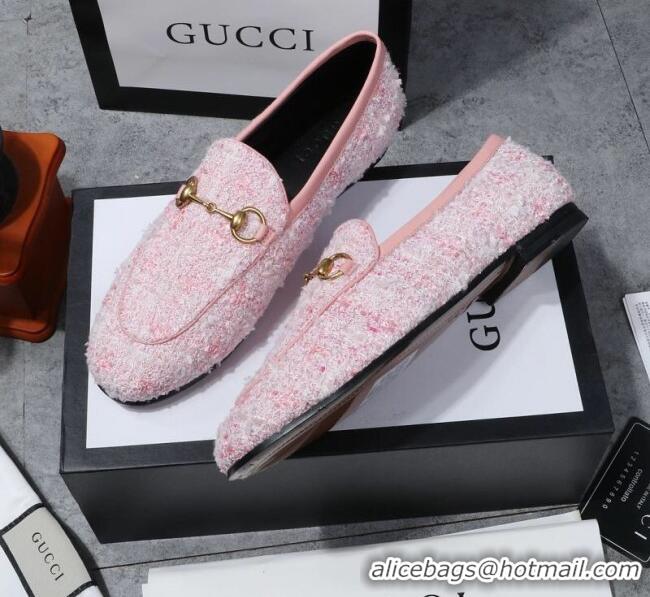 Luxury Classic Gucci Jordaan Horsebit Tweed Flat Loafers GG3017 Pink 2020