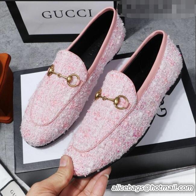 Luxury Classic Gucci Jordaan Horsebit Tweed Flat Loafers GG3017 Pink 2020