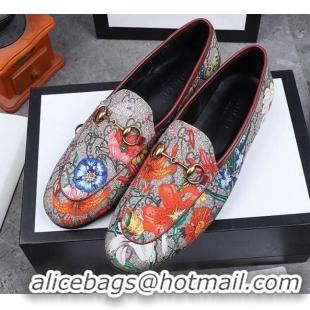 Top Quality Gucci Jordaan Horsebit Flower Print Canvas Flat Loafers GG3019 2020