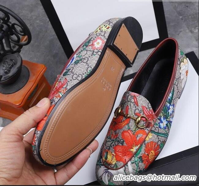 Top Quality Gucci Jordaan Horsebit Flower Print Canvas Flat Loafers GG3019 2020