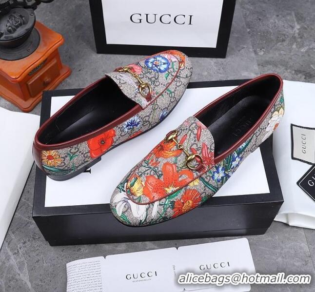 Top Quality Gucci Jordaan Horsebit Flower Print Canvas Flat Loafers GG3019 2020