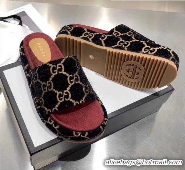 Top Quality Gucci Velvet GG Platform Slide Sandal 573018 Black