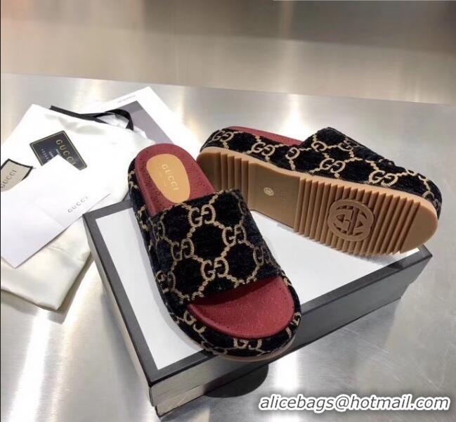 Top Quality Gucci Velvet GG Platform Slide Sandal 573018 Black